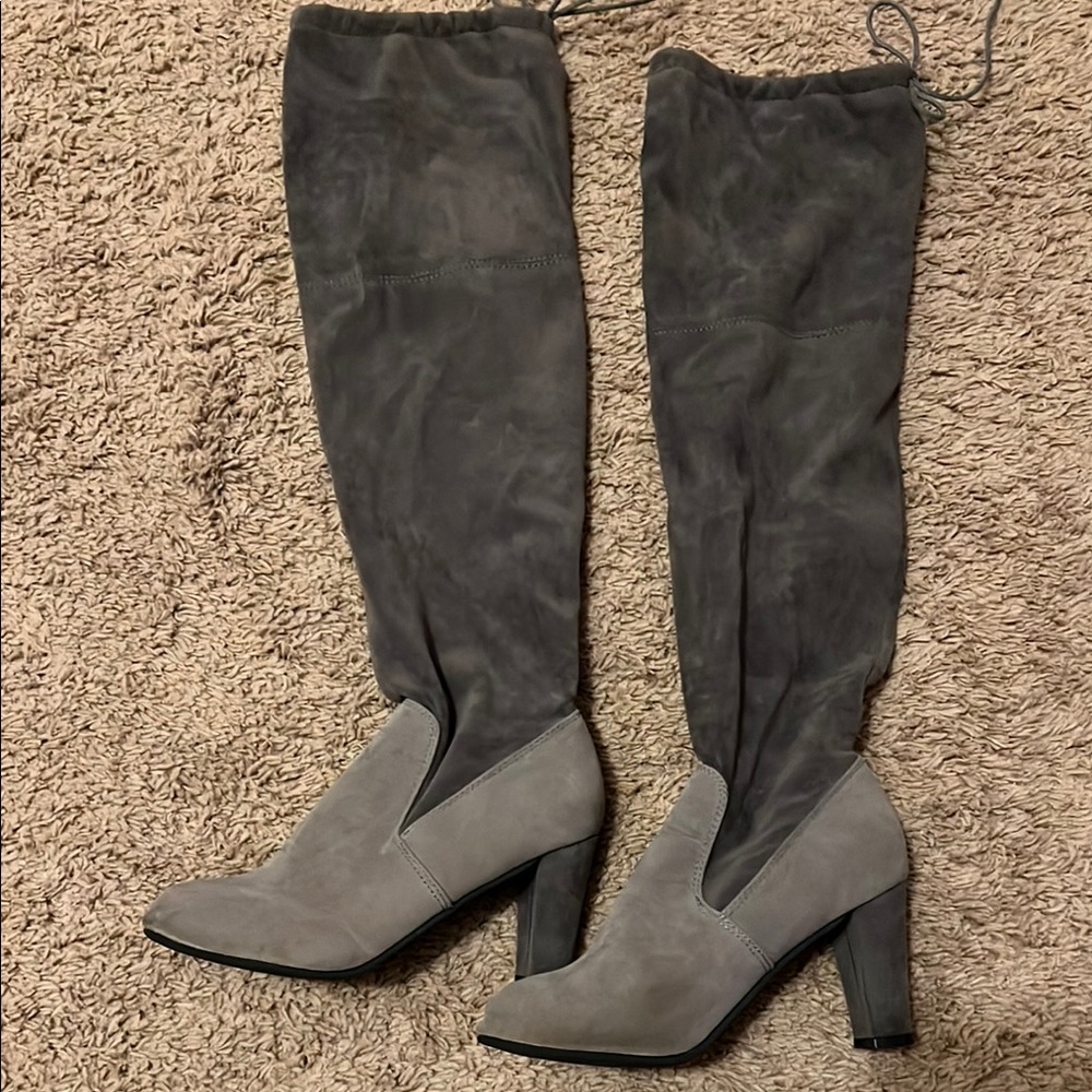 Gray Suede Knee-High Boots